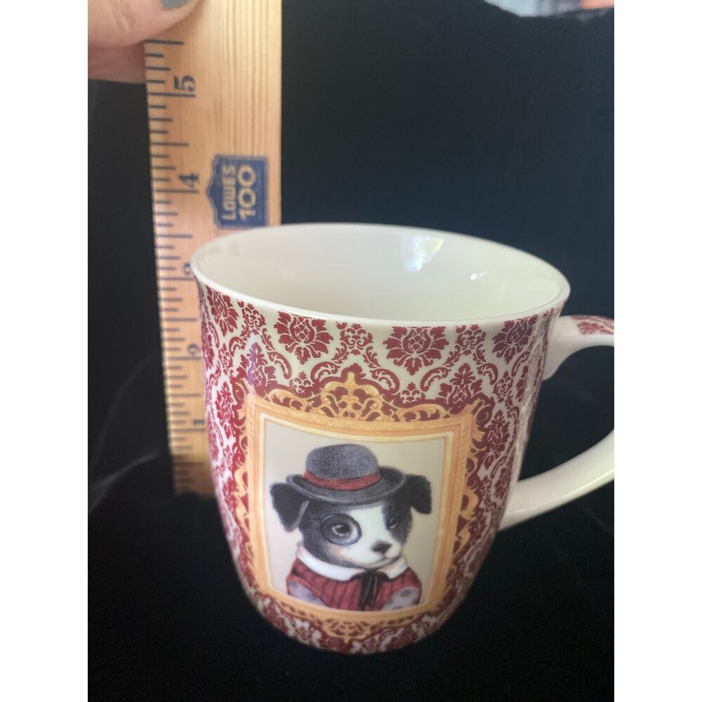 Efya Porcelain Tea Infuser Mug Red Damask Dapper Dog Portrait with Lid Strainer - Picture 7 of 12